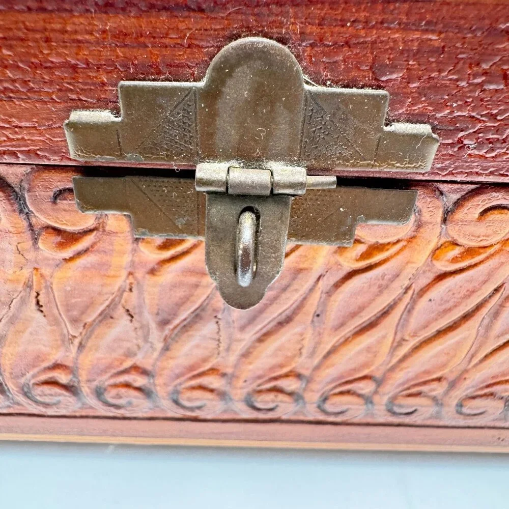 Vtg 1950s Hand-Carved Cedar Wood Jewelry Box Mirror Windmill Footed Base